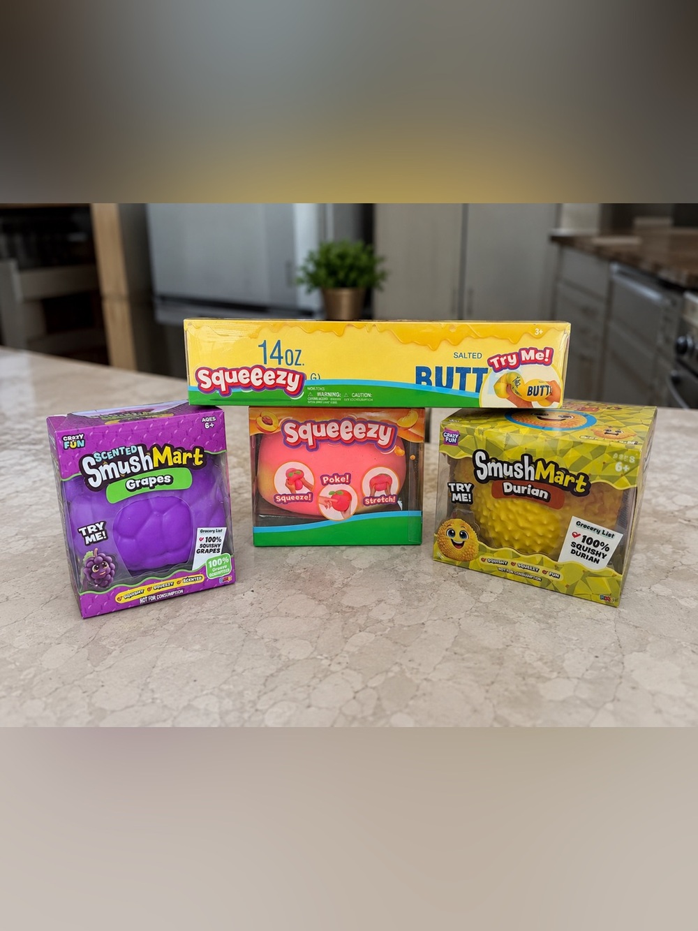 Squeezy & SmushMarr Squishy toy bundle Grape, Peach, Durian and Butter